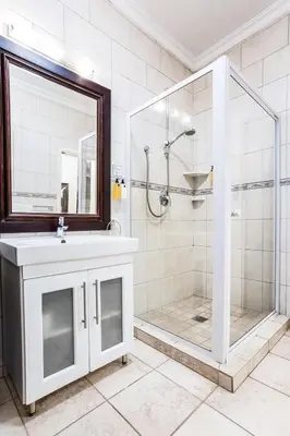 a bathroom with a shower and a sink and a mirror at Avemore Vredehof No 2 - full Backup Power in Stellenbosch