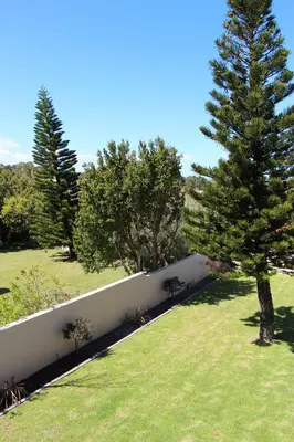 a white fence with a tree in a yard at Seaside Hermanus Guest Room in Hermanus