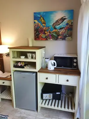 a kitchen with a microwave and a desk with a microwave at Dilisca Guesthouse in Durbanville