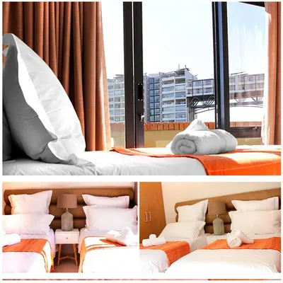 two pictures of a hotel room with two beds at Manhattan Luxury Suite at Canal Walk in Cape Town