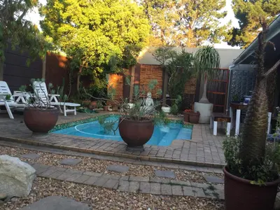 a backyard with a swimming pool with plants and chairs at The Buddha Garden in Cape Town