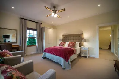 a bedroom with a bed and a ceiling fan at Boutique Villa Guesthouse in Somerset West