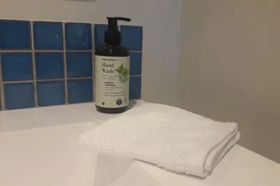 a bottle of moisturizing hand soap next to a towel at Concord Apartment in Stellenbosch