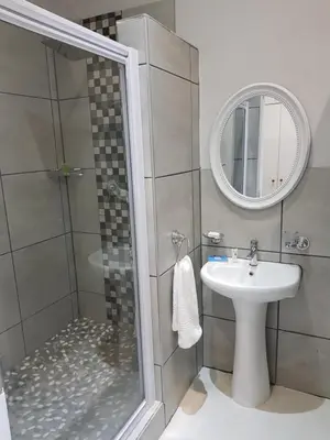 a bathroom with a shower and a sink and a mirror at Zonnevanger Guesthouse in Noorder-Paarl
