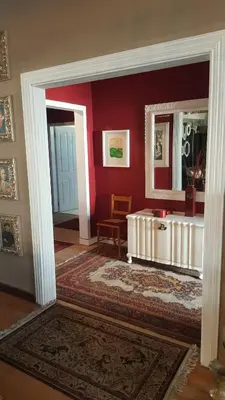 a living room with a red wall with a mirror at Guest House Frame Ace in Bellville