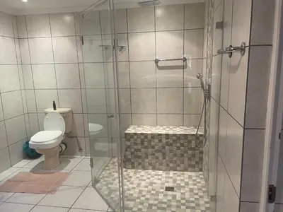 a bathroom with a glass shower with a toilet at The Garden View Suite in Franschhoek