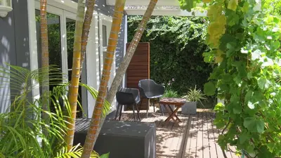 a patio with two chairs and a table and trees at Bloemenzee Boutique B&B in Gordonʼs Bay