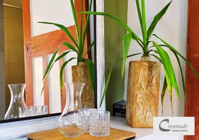 a group of glass vases and glasses on a table at Crossroads Guestrooms in Gordonʼs Bay