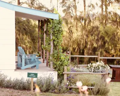 a garden with a blue chair on a porch at Cheverells Farm, Kiku & Braeburn Cottage in Grabouw