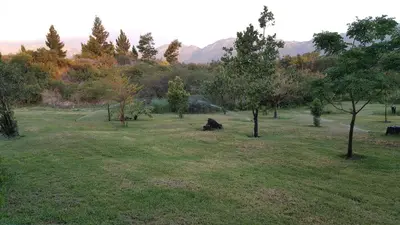 a field of grass with trees and mountains in the background at Tuckaway in Somerset West