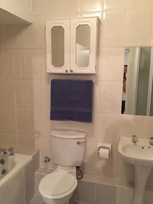 a bathroom with a toilet and a sink and a mirror at Pebble Moon Holiday Flat in Strand
