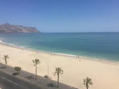a view of a beach with palm trees and the ocean at Pebble Moon Holiday Flat in Strand