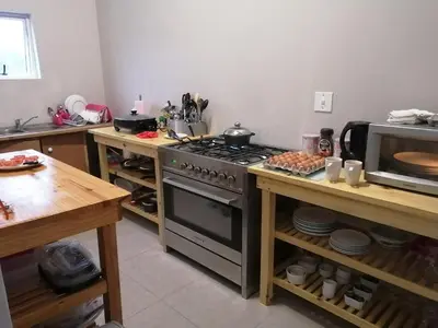 a kitchen with a stove and a microwave at Swartberg Guest House in Caledon