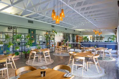 a restaurant with wooden tables and chairs and plants at Pearl Valley Hotel in Franschhoek