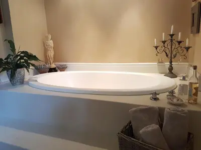 a large white tub in a bathroom with a plant at 35 on Basil in Caledon