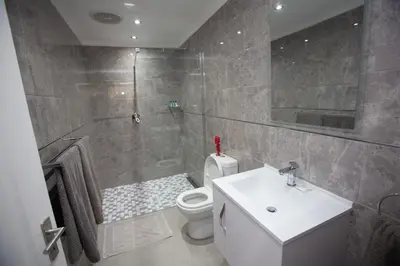 a bathroom with a shower and a toilet and a sink at Lamabeach city farm in Cape Town