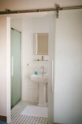 a bathroom with a sink and a glass shower door at The Victorian Goose in Cape Town