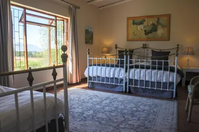 a bedroom with two twin beds and a window at Zebra Cottage and Lodge in Stellenbosch