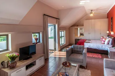 a living room with a bed and a tv in a room at Wind-Rose Guest House in Gordonʼs Bay