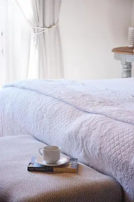 a cup and a book on a tray next to a bed at Klein Waterval Riverside Lodge in Franschhoek