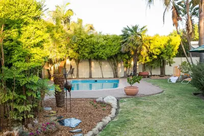 a backyard with a swimming pool and palm trees at Eikepark Self Catering in Stellenbosch