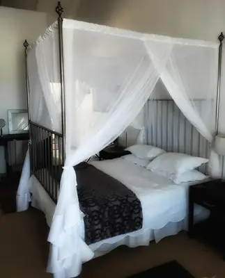 a bedroom with a canopy bed with white sheets and pillows at Fijnbos Manor in Bettyʼs Bay