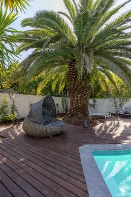 a hammock sitting on a deck next to a palm tree at Africa Lodge in Somerset West