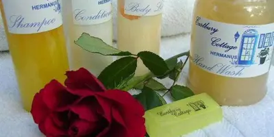 a rose and three bottles of soap and a flower at Eastbury Cottage in Hermanus