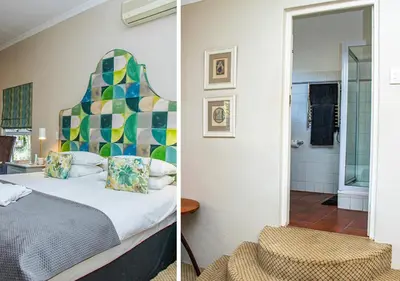 two pictures of a bedroom with a bed and a bathroom at Via's Guesthouse in Greyton