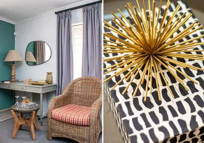 a room with a chair and a large starburst mirror at Via's Guesthouse in Greyton