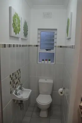 a bathroom with a toilet and a sink and a window at Anni Bos in Stellenbosch