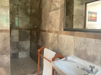 a bathroom with a sink and a shower at Suikerbekkie in Somerset West
