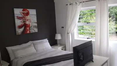 a bedroom with a bed and a television and a window at 29 Carissa Street in Somerset West