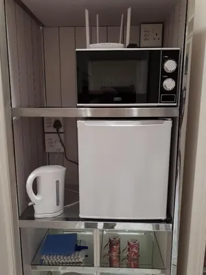 a microwave oven sitting on top of a refrigerator at Adrian D'Cap Boutique Manor in Stellenbosch