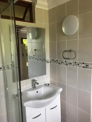 a bathroom with a sink and a mirror at Geranium Studio in Somerset West