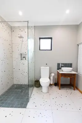 a bathroom with a shower and a toilet and a sink at Rouana Guest Farm in Stellenbosch