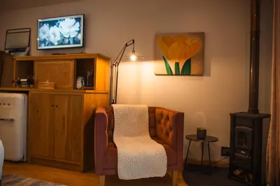 a living room with a chair and a television at Le Petit Manoir Boutique Hotel in Franschhoek