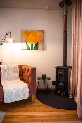 a living room with a couch and a wood stove at Le Petit Manoir Boutique Hotel in Franschhoek