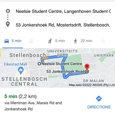 a screenshot of a google map with the location of a school at Courtyard Studio lights and wi fi during load shedding in Stellenbosch