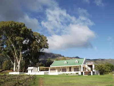 a large white house with a green roof at Mountainview Vineyards in Robertson