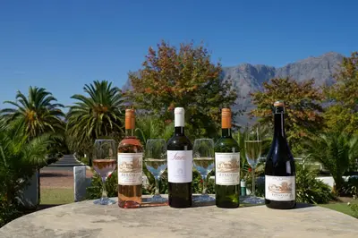four bottles of wine sitting on a table with wine glasses at Zorgvliet Wines Country Lodge in Stellenbosch