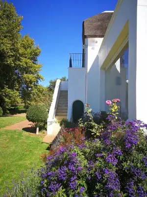 a garden with purple flowers on the side of a house at Gemoedsrus Farm in Stellenbosch