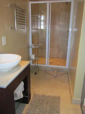 a bathroom with a sink and a glass shower at La Roche Guest House in Cape Town