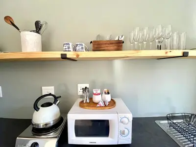 a kitchen with a microwave and a shelf with dishes at Groenvlei Guest Farm in Kuilsrivier