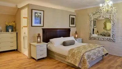 a bedroom with a bed and a large mirror at Anna Beulah Farm in Durbanville