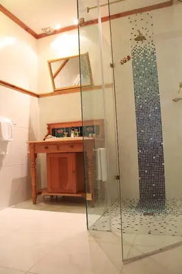 a bathroom with a shower with a glass door at Evergreen Lodge in Stellenbosch