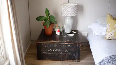 a table with a plant on it next to a bed at Kuruma Farm Cottages in Worcester