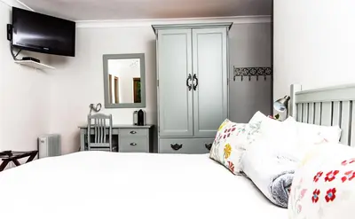 a bedroom with two beds and a dresser with a mirror at Penelope's Stellenbosch in Stellenbosch