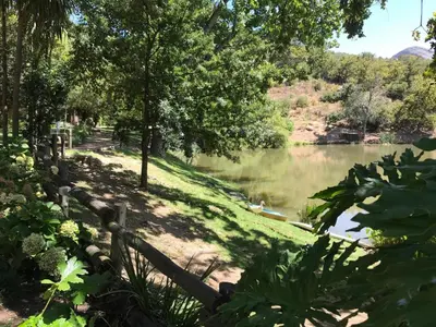 a pond with a fence next to a river at Picardie Guest Farm in Paarl