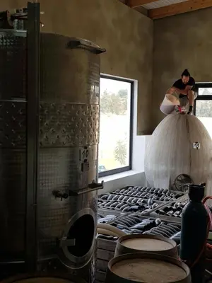 a woman sitting on top of a stove in a kitchen at Tempel Wines in Paarl